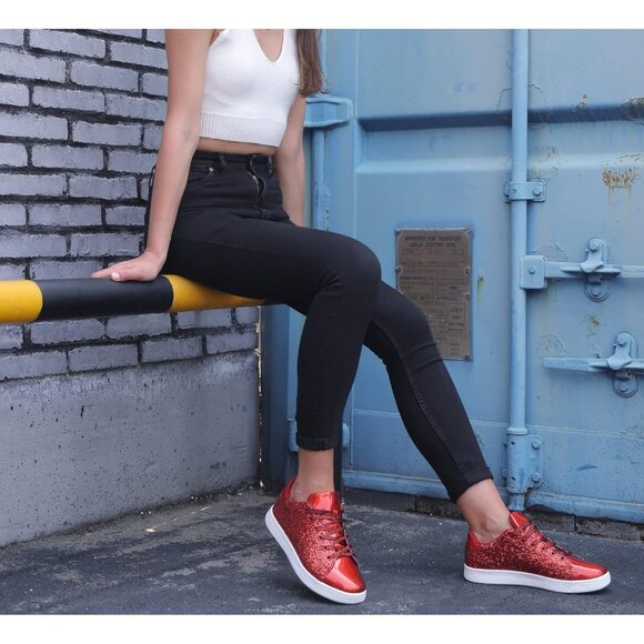 Brand New Women Red Glitter Sneakers Lace Up Thermoplastic Elastomers Shoes - Picture 6 of 9